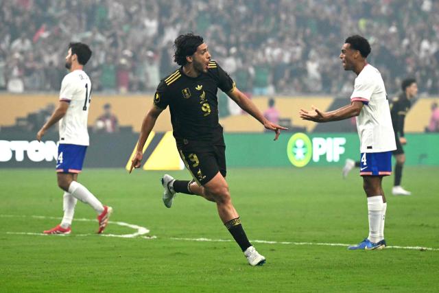 Mexico's forward #09 Raul Jimenez celebrates scoring his team's first goal during the Concacaf Gold Cup final football match between Mexico and USA at NRG Stadium in Houston, Texas on July 6, 2025. (Photo by Chandan Khanna / AFP)