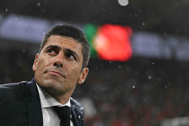 Portugal's head coach Francisco Neto looks on from the techincal area ahead of the UEFA Women's Euro 2025 Group B football match between Portugal and Italy at the Stade de Geneve in Geneva, on July 7, 2025. (Photo by Fabrice COFFRINI / AFP)