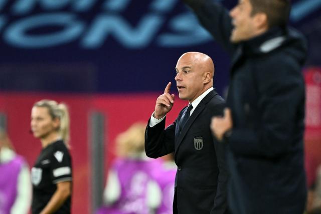 Italy's Italian head coach Andrea Soncin (C) gestures from the techincal area during the UEFA Women's Euro 2025 Group B football match between Portugal and Italy at the Stade de Geneve in Geneva, on July 7, 2025. (Photo by Fabrice COFFRINI / AFP)