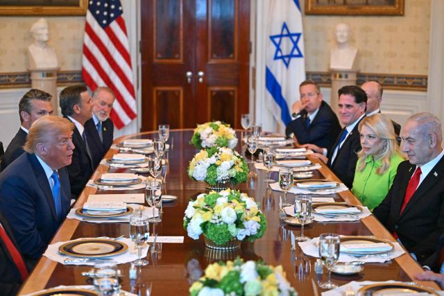 US President Donald Trump meets with Israeli Prime Minister Benjamin Netanyahu at the Blue Room of the White House in Washington, DC, on July 7, 2025. Prime Minister Netanyahu will meet Monday with President Trump, who expressed hope for a "deal this week" between Israel and Hamas that sees hostages released from the Gaza Strip. Indirect negotiations between Israel and Hamas began on July 6 in Doha, aiming to broker a ceasefire and reach an agreement on the release of hostages in exchange for Palestinian prisoners. (Photo by ANDREW CABALLERO-REYNOLDS / AFP)