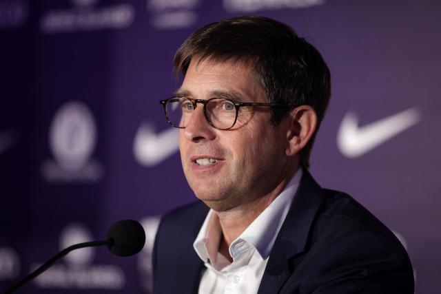 New Toulouse Football Club (TFC) President Olivier Cloarec gives a press conference at the Stadium de Toulouse, in Toulouse, south-western France, on July 8, 2025. (Photo by Valentine CHAPUIS / AFP)
