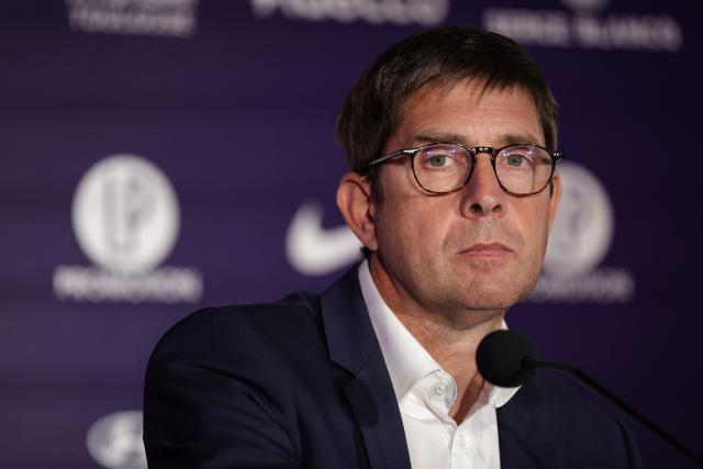New Toulouse Football Club (TFC) President Olivier Cloarec gives a press conference at the Stadium de Toulouse, in Toulouse, south-western France, on July 8, 2025. (Photo by Valentine CHAPUIS / AFP)