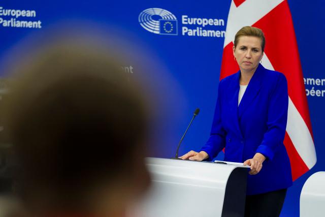 Danish’s Prime Minister Mette Frederiksen gives a press conference after the presentation of the programme of the Danish Presidency as part of a plenary session at the European Parliament in Strasbourg, eastern France, on July 8, 2025. (Photo by Jean-Christophe VERHAEGEN / AFP)