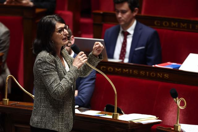 French left wing MP Aurelie Trouve speaks during a debate at the National Assembly before a vote on the 'Duplomb law' on agriculture which aims to reintroduce a pesticide for certain crops, in Paris on July 8, 2025. (Photo by Guillaume BAPTISTE / AFP)