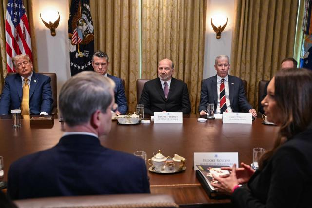 (L/R) US President Donald Trump, Secretary of Treasury Scott Bessent, Defense Secretary Pete Hegseth, Commerce Secretary Howard Lutnick,  Energy Secretary Chris Wright and Secretary of Agriculture Brooke Rollins attend a cabinet meeting in the Cabinet Room of the White House in Washington, DC, on July 8, 2025. (Photo by ANDREW CABALLERO-REYNOLDS / AFP)