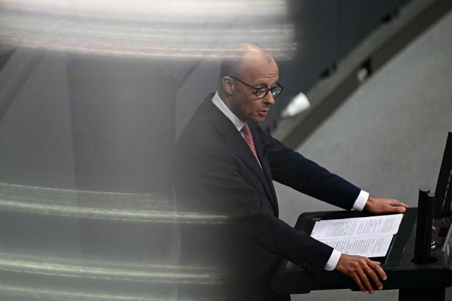German Chancellor Friedrich Merz addresses parliamentarians during a general debate on the budget of the Chancellery at the Bundestag, the lower house of parliament, in Berlin, on July 9, 2025, while the . (Photo by Tobias SCHWARZ / AFP)