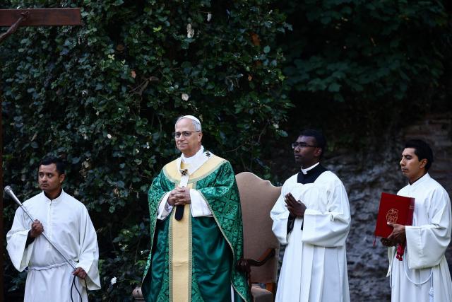 Pope Leo XIV (2nd L) leads the Mass for the Care of Creation in Castel Gandolfo, 40 km southeast of Rome on July 9, 2025. (Photo by Yara Nardi / POOL / AFP)