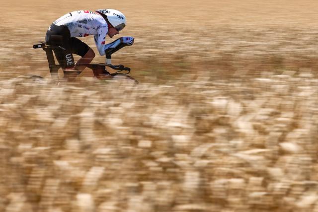 UAE Team Emirate - XRG team's French rider Pavel Sivakov cycles during the 5th stage of the 112th edition of the Tour de France cycling race, 33 km individual time trial starting and finishing in Caen, northwestern France, on July 9, 2025. (Photo by Anne-Christine POUJOULAT / AFP)