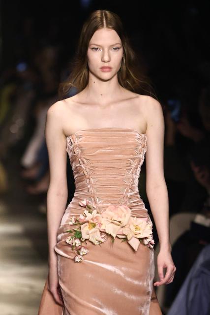 A model presents a creation for Elie Saab during the Women's Haute-Couture Fall/Winter 2025-26 collection show in Paris, on July 9, 2025. (Photo by Thibaud MORITZ / AFP)