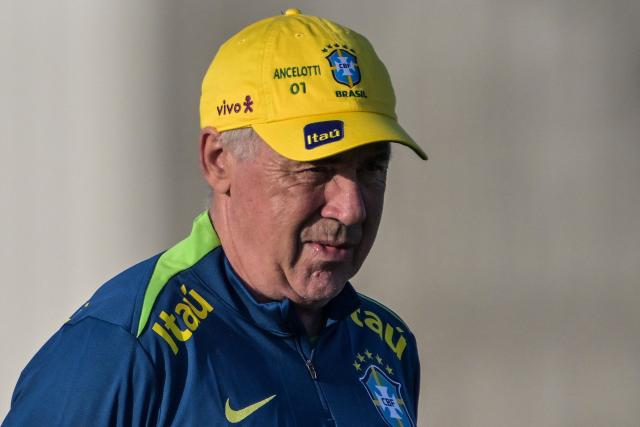 (FILES) Brazil's Italian coach Carlo Ancelotti conducts a training session in Sao Paulo, on June 2, 2025, ahead of the FIFA World Cup 2026 qualifier football match against Ecuador on June 5. Real Madrid ex-coach Ancelotti gets year's jail for tax fraud in Spain according to court, AFP reports on July 9, 2025. (Photo by Nelson ALMEIDA / AFP)