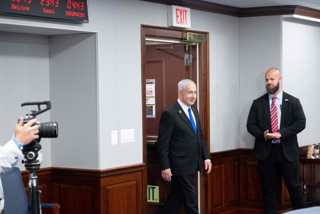 Israeli Prime Minister Benjamin Netanyahu arrives for a meeting with US Secretary of Defense Pete Hegseth at the Pentagon in Washington, DC, on July 9, 2025. Netanyahu has met twice this week with US President Donald Trump during his trip to Washington, DC, in addition to meetings at the Pentagon and US Capitol. Netanyahu said he discussed efforts to release hostages held in Gaza and the ongoing military campaign to defeat Hamas during talks at the White House with President Trump. (Photo by SAUL LOEB / AFP)