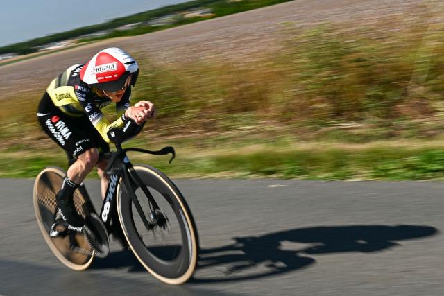 Team Visma - Lease a bike team's Danish rider Jonas Vingegaard cycles during the 5th stage of the 112th edition of the Tour de France cycling race, 33 km individual time trial starting and finishing in Caen, northwestern France, on July 9, 2025. (Photo by Loic VENANCE / AFP)