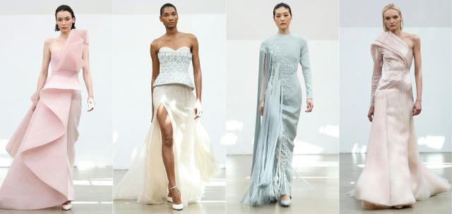 (COMBO) This combination of pictures created on July 10, 2025 shows
models presenting creations for Rami Al Ali during the Women's Haute-Couture Fall/Winter 2025-26 collection show in Paris, on July 10, 2025. (Photo by Thomas SAMSON / AFP)