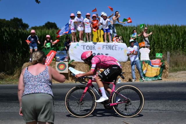 EF Education - EasyPost team's Irish rider Ben Healy cycles in a lone breakaway during the 6th stage of the 112th edition of the Tour de France cycling race, 201.5 km between Bayeux and Vire Normandie, Northwestern France, on July 10, 2025. (Photo by Marco BERTORELLO / AFP)