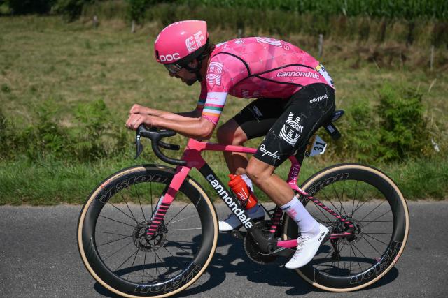 EF Education - EasyPost team's Irish rider Ben Healy cycles in a lone breakaway during the 6th stage of the 112th edition of the Tour de France cycling race, 201.5 km between Bayeux and Vire Normandie, Northwestern France, on July 10, 2025. (Photo by Marco BERTORELLO / AFP)