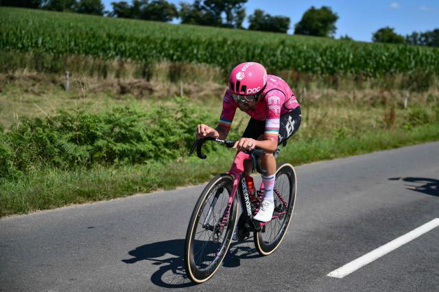 EF Education - EasyPost team's Irish rider Ben Healy cycles in a lone breakaway during the 6th stage of the 112th edition of the Tour de France cycling race, 201.5 km between Bayeux and Vire Normandie, Northwestern France, on July 10, 2025. (Photo by Marco BERTORELLO / AFP)