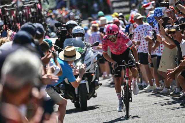 EF Education - EasyPost team's Irish rider Ben Healy cycles in a lone breakaway during the 6th stage of the 112th edition of the Tour de France cycling race, 201.5 km between Bayeux and Vire Normandie, Northwestern France, on July 10, 2025. (Photo by Marco BERTORELLO / AFP)