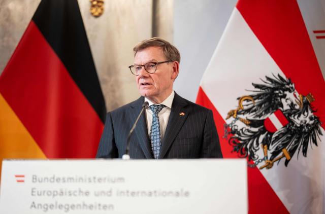 German Foreign Minister Johann Wadephul addresses a joint press conference with his Austrian and Israeli counterpart in Vienna, on July 10, 2025. (Photo by GEORG HOCHMUTH / AFP) / Austria OUT