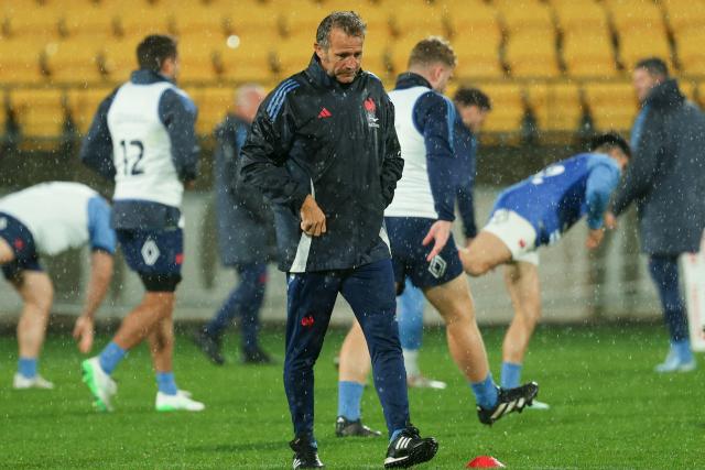 France coach Fabien Galthie is seen during the captain's run ahead of the second international rugby Test match against New Zealand, at Sky Stadium in Wellington on July 11, 2025.. (Photo by Marty MELVILLE / AFP)