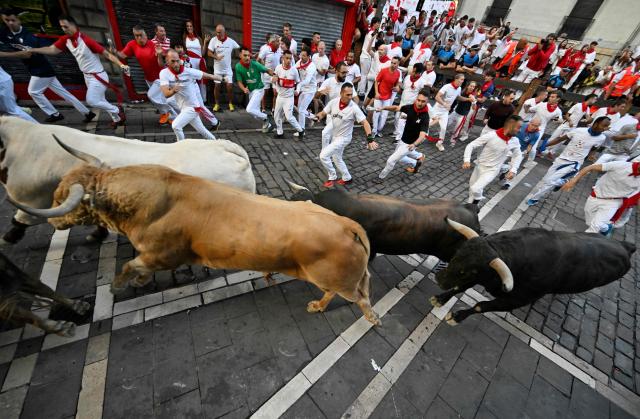 Participants run ahead of Jandilla bulls during the fifth running of the bulls of the San Fermin festival in Pamplona, northern Spain, on July 11, 2025. Thousands of people every year attend the week-long festival and its famous "encierros" or bull runs, every day at 8:00 a.m. through the narrow streets of the old town over an 850 meters (yard) course while runners ahead of them try to stay close to the bulls without falling over or being gored. (Photo by ANDER GILLENEA / AFP)