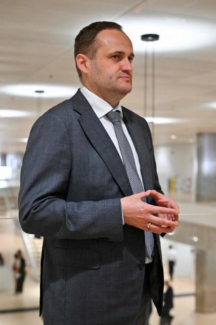 Deputy Prime Minister for Restoration of Ukraine and Minister for Communities and Territories Development of Ukraine Oleksiy Kuleba addresses a journalist during an interview, on the second day of The Ukraine Recovery Conference 2025 (URC2025) at The Roma Convention Centre in Rome on July 11, 2025. The meeting of international leaders is aimed at mobilising support -- including private investment -- for the reconstruction of Ukraine, even as Russia steps up its attacks. (Photo by Andreas SOLARO / AFP)