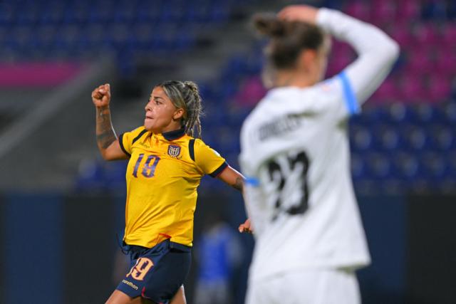 Ecuador's defender #19 Kerly Real celebrates an own goal scored by Uruguay's defender #16 Yannel Correa during the Women's Copa America 2025 football match between Ecuador and Uruguay at the IDV Stadium in Quito on July 11, 2025. (Photo by Rodrigo BUENDIA / AFP)