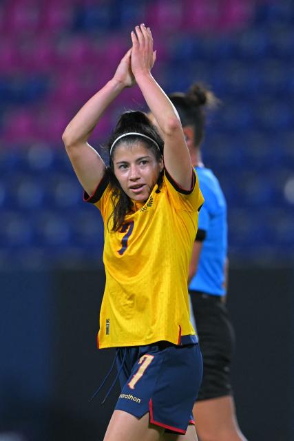 Ecuador's forward #07 Emily Arias celebrates after scoring during the Women's Copa America 2025 football match between Ecuador and Uruguay at the IDV Stadium in Quito on July 11, 2025. (Photo by Rodrigo BUENDIA / AFP)
