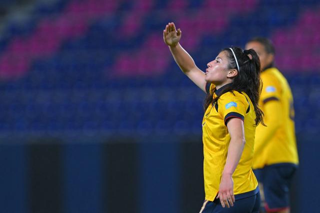 Ecuador's forward #07 Emily Arias celebrates after scoring during the Women's Copa America 2025 football match between Ecuador and Uruguay at the IDV Stadium in Quito on July 11, 2025. (Photo by Rodrigo BUENDIA / AFP)
