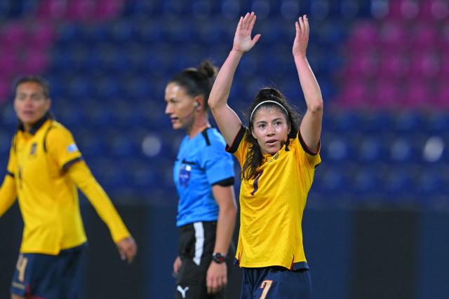 Ecuador's forward #07 Emily Arias celebrates after scoring during the Women's Copa America 2025 football match between Ecuador and Uruguay at the IDV Stadium in Quito on July 11, 2025. (Photo by Rodrigo BUENDIA / AFP)