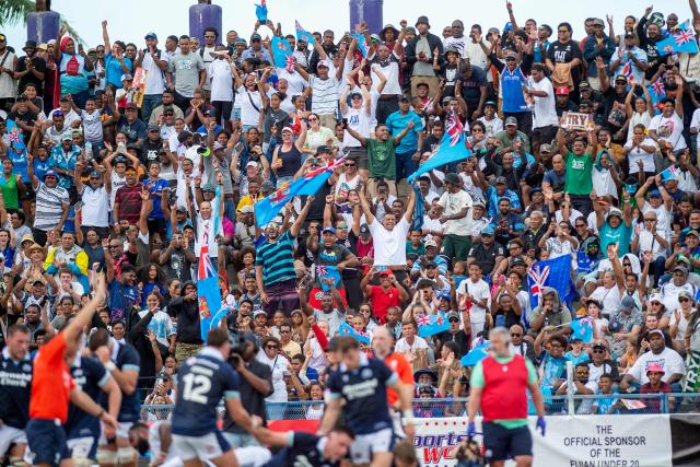 Fiji supporters cheer during the rugby test match between Fiji and Scotland at HFC Bank Stadium in Suva on July 12, 2025. (Photo by Josua BUREDUA / AFP)