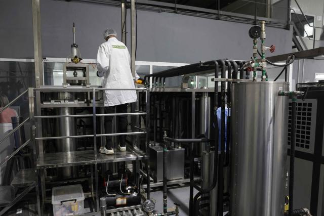 A worker stands at a work station at Biocannat, a cannabis processing factory in Bab Berred, southeast of Morocco's rural northern province of Chefchaouen, on July 11, 2025. Morocco passed a law in 2021 allowing the cultivation of medical and industrial-use cannabis in areas of Rif, a mountainous region that has long been a major source of illicit hashish, a stronger derivative of cannabis, smuggled to Europe. (Photo by Abdel Majid BZIOUAT / AFP)