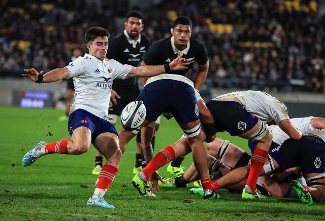 Nolann Le Garrec of France clears a ruck during the second international rugby test match between New Zealand and France at Sky Stadium in Wellington on July 12, 2025. (Photo by Grant Down / AFP)