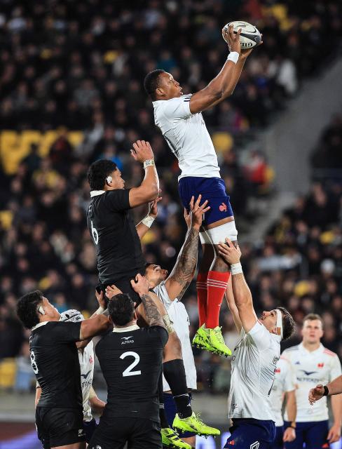 Cameron Woki of France takes a line out ball during the second international rugby test match between New Zealand and France at Sky Stadium in Wellington on July 12, 2025. (Photo by Grant Down / AFP)