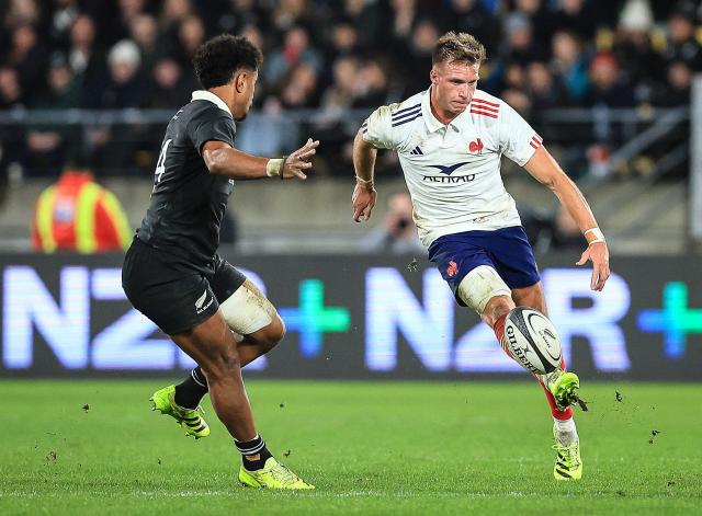 Léo Barré of France looks to chip the ball during the second international rugby test match between New Zealand and France at Sky Stadium in Wellington on July 12, 2025. (Photo by Grant Down / AFP)