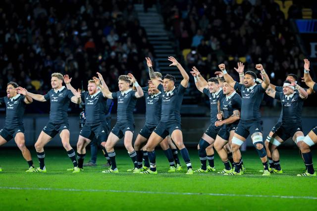 New Zealand All Black players perform the haka prior to their second international rugby test match between New Zealand and France at Sky Stadium in Wellington on July 12, 2025. (Photo by Grant Down / AFP)
