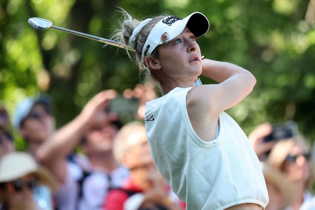 US' Nelly Korda looks on after a shot during the third round of the Amundi Evian Championship at Evian Resort Golf Club, in Evian-Les-Bains, eastern France, on July 12, 2025. (Photo by Alex MARTIN / AFP)
