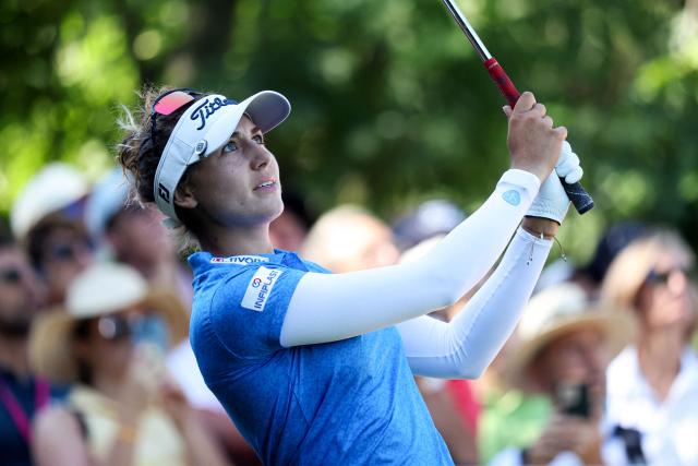 France's Nastasia Nadaud looks on after a shot during the third round of the Amundi Evian Championship at Evian Resort Golf Club, in Evian-Les-Bains, eastern France, on July 12, 2025. (Photo by Alex MARTIN / AFP)