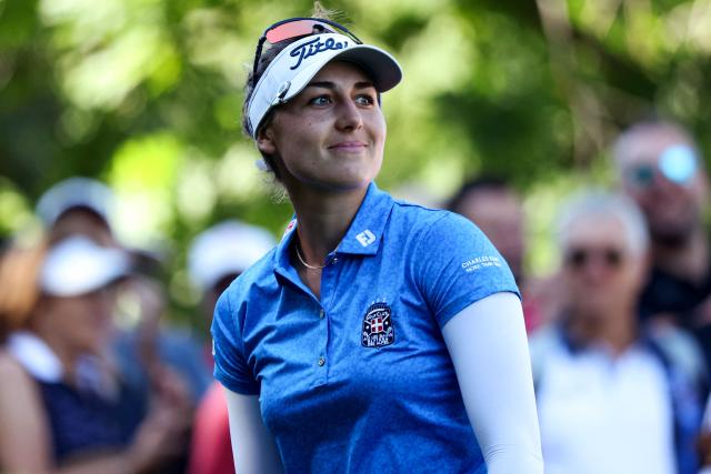 France's Nastasia Nadaud looks on after a shot during the third round of the Amundi Evian Championship at Evian Resort Golf Club, in Evian-Les-Bains, eastern France, on July 12, 2025. (Photo by Alex MARTIN / AFP)