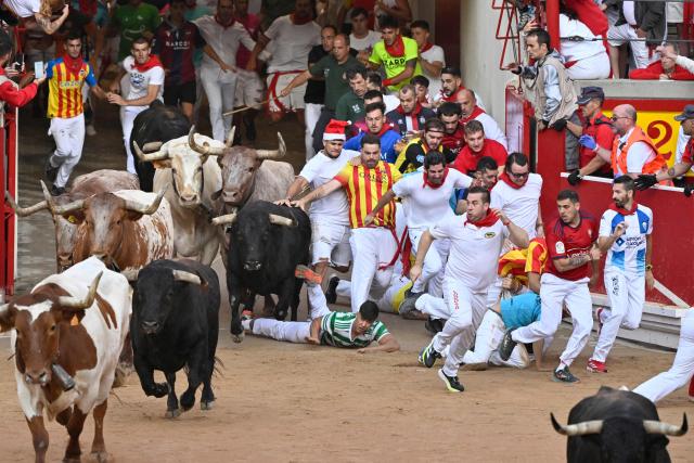 A participant falls down as La Palmosilla breed bulls enter the bullring during the seventh running of the bulls of the San Fermin festival in Pamplona, northern Spain, on July 13, 2025. Thousands of people every year attend the week-long festival and its famous "encierros" or bull runs, every day at 8:00 a.m. through the narrow streets of the old town over an 850 meters (yard) course while runners ahead of them try to stay close to the bulls without falling over or being gored. (Photo by ANDER GILLENEA / AFP)
