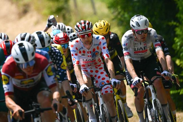 UAE Team Emirates - XRG team's Belgian rider Tim Wellens wearing the best climber's polka dot (dotted) jersey cycles with the pack of riders (peloton) during the 9th stage of the 112th edition of the Tour de France cycling race, 174.1 km between Chinon and Chateauroux, central France, on July 13, 2025. (Photo by Loic VENANCE / AFP)