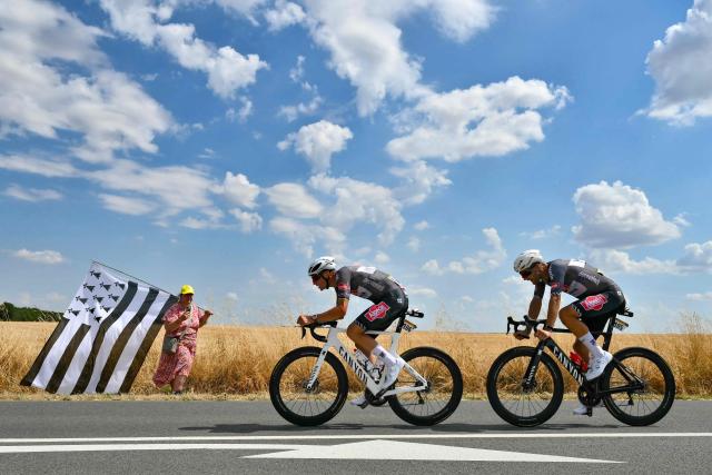 Alpecin - Deceuninck team's Belgian rider Jonas Rickaert and Alpecin - Deceuninck team's Dutch rider Mathieu van der Poel cycle in a breakaway during the 9th stage of the 112th edition of the Tour de France cycling race, 174.1 km between Chinon and Chateauroux, central France, on July 13, 2025. (Photo by Marco BERTORELLO / AFP)
