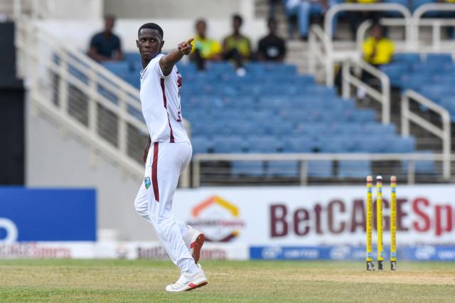 Shamar Joseph of West Indies celebrates the dismissal of unseen Scott Boland of Australia during the third day of the third Test cricket match between West Indies and Australia at Sabina Park in Kingston, Jamaica, on July 14, 2025. (Photo by Randy Brooks / AFP)