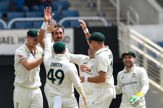 Mitchell Starc of Australia celebrates the dismissal of unseen Brandon King of West Indies during the third day of the third Test cricket match between West Indies and Australia at Sabina Park in Kingston, Jamaica, on July 14, 2025. (Photo by Randy Brooks / AFP)