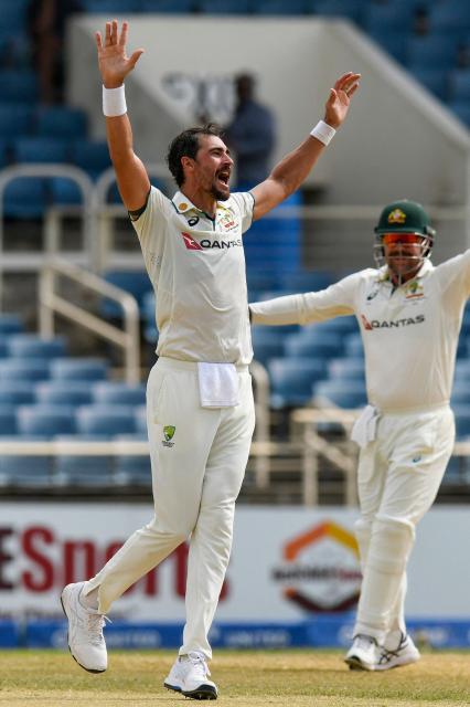 Mitchell Starc (L) of Australia appeals for LBW (leg before wicket) against unseen Mikyle Louis of West Indies during the third day of the third Test cricket match between West Indies and Australia at Sabina Park in Kingston, Jamaica, on July 14, 2025. (Photo by Randy Brooks / AFP)