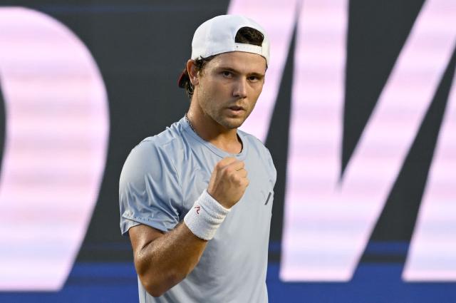 US' Aleksandar Kovacevic reacts after a point against Lebanon's Hady Habib during their Mexico ATP Open men's singles tennis match at the Cabo Sports Complex in Los Cabos, Baja California, Mexico on July 14, 2025. (Photo by Alfredo ESTRELLA / AFP)