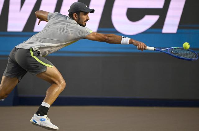 Lebanon's Hady Habib returns to US' Aleksandar Kovacevic during their Mexico ATP Open men's singles tennis match at the Cabo Sports Complex in Los Cabos, Baja California, Mexico on July 14, 2025. (Photo by Alfredo ESTRELLA / AFP)