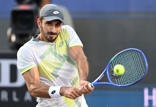 Lebanon's Hady Habib returns to US' Aleksandar Kovacevic during their Mexico ATP Open men's singles tennis match at the Cabo Sports Complex in Los Cabos, Baja California, Mexico on July 14, 2025. (Photo by Alfredo ESTRELLA / AFP)