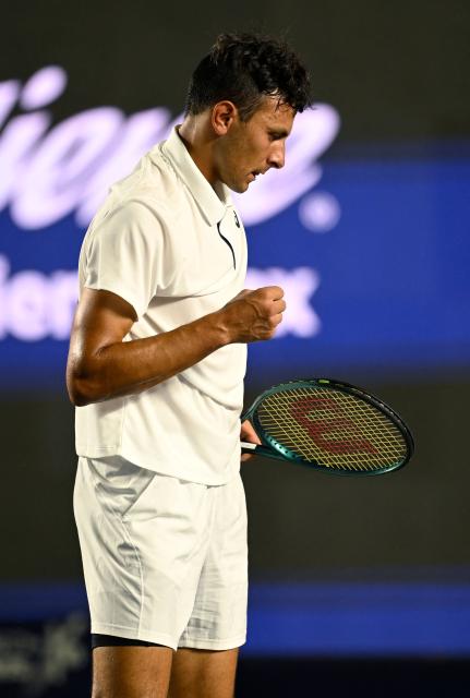 US' Emilio Nava reacts after a point against Australia's Aleksandar Vukic during their Mexico ATP Open men's singles tennis match at the Cabo Sports Complex in Los Cabos, Baja California, Mexico on July 14, 2025. (Photo by Alfredo ESTRELLA / AFP)