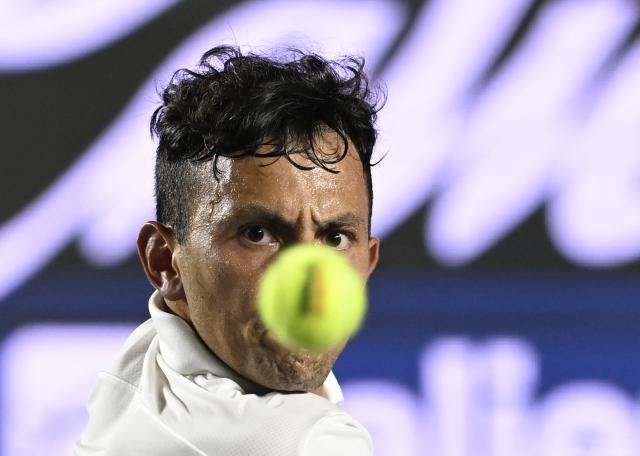 US' Emilio Nava eyes the ball as he returns to Australia's Aleksandar Vukic during their Mexico ATP Open men's singles tennis match at the Cabo Sports Complex in Los Cabos, Baja California, Mexico on July 14, 2025. (Photo by Alfredo ESTRELLA / AFP)