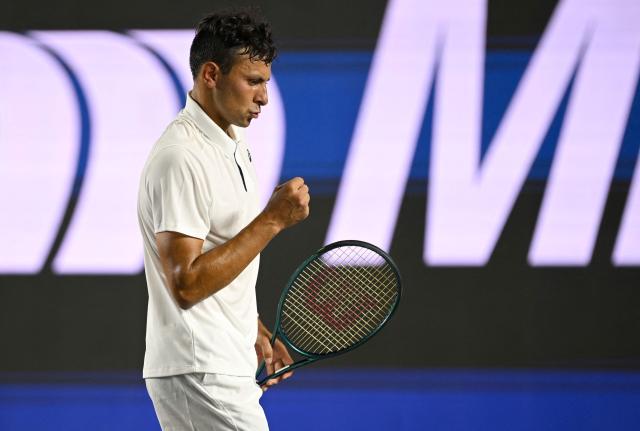 US' Emilio Nava reacts after a point against Australia's Aleksandar Vukic during their Mexico ATP Open men's singles tennis match at the Cabo Sports Complex in Los Cabos, Baja California, Mexico on July 14, 2025. (Photo by Alfredo ESTRELLA / AFP)